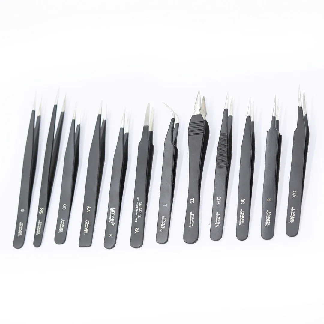 12pc Black Steel Tweezer Set (00,00B,2A,3C,5,5A,6,7,9,AA,SS,TS)