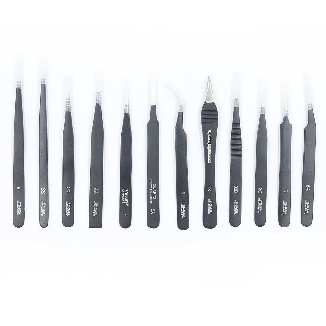 12pc Black Steel Tweezer Set (00,00B,2A,3C,5,5A,6,7,9,AA,SS,TS)