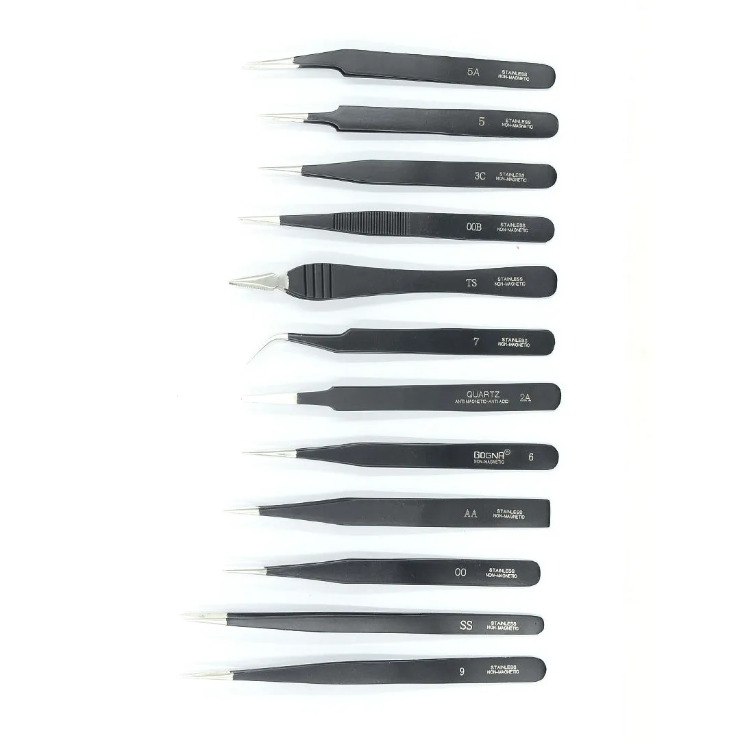 12pc Black Steel Tweezer Set (00,00B,2A,3C,5,5A,6,7,9,AA,SS,TS)