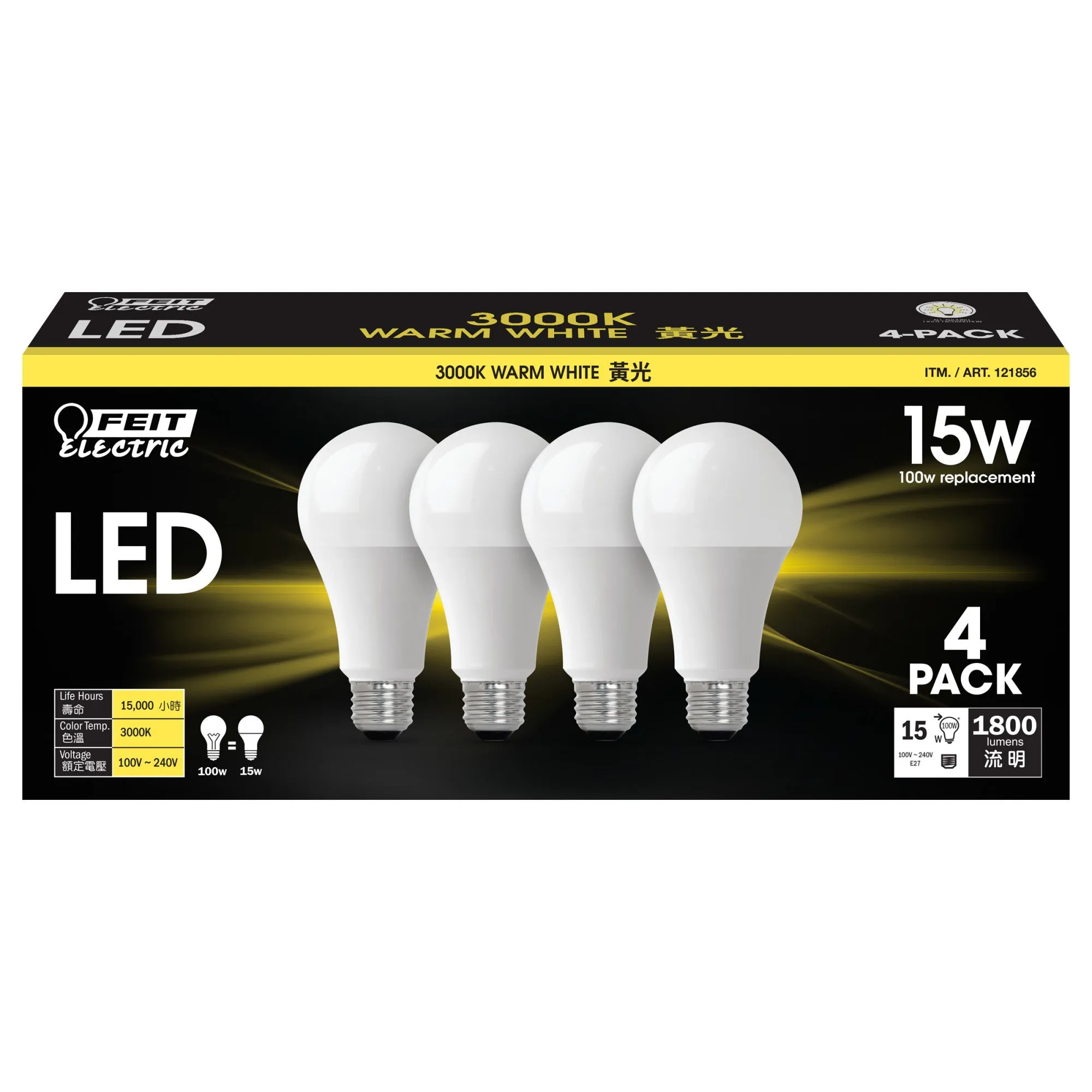 15W (100W Replacement) Warm White (3000K) E26 Base A19 LED Bulb (4-Pack)