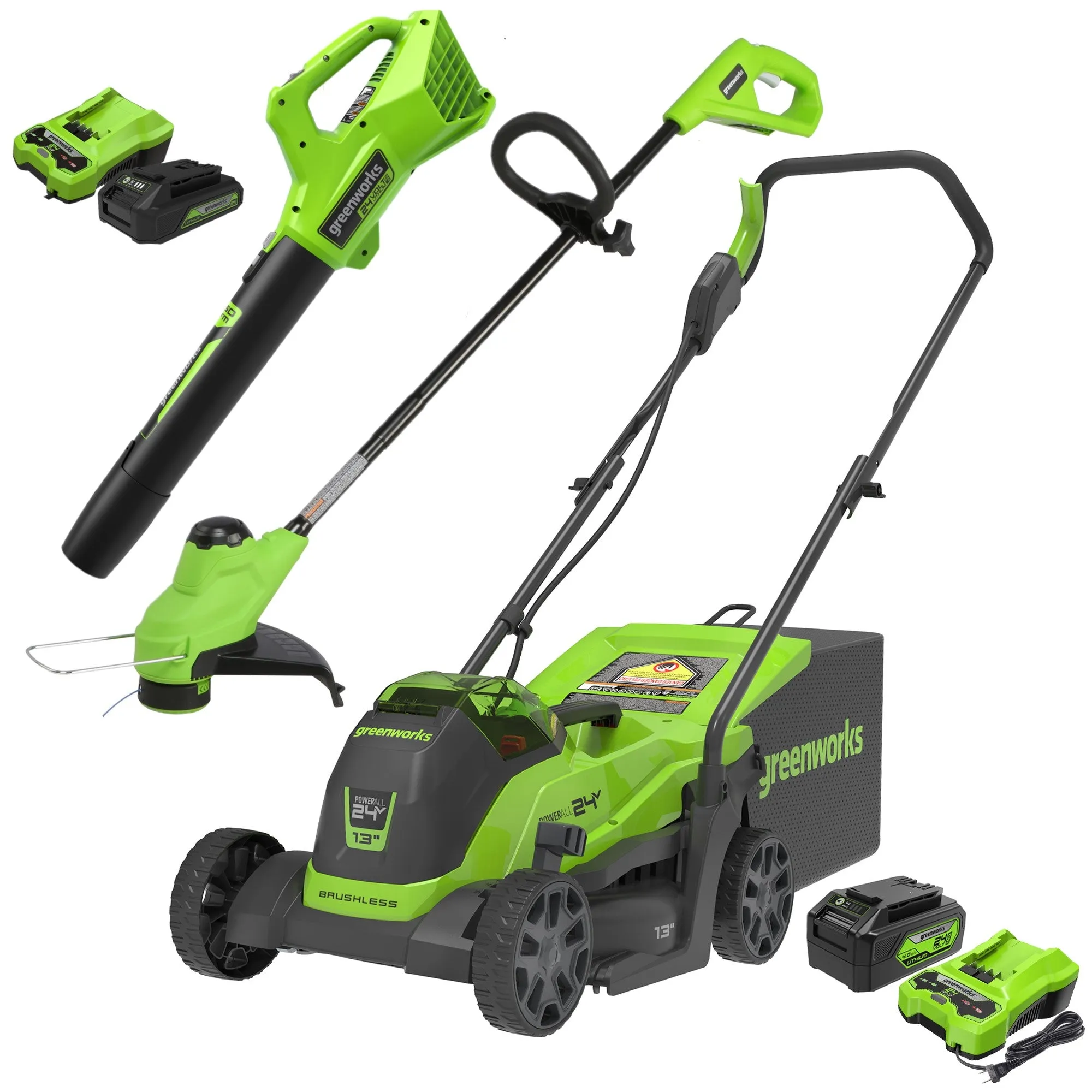 24V 13" Cordless Battery Push Mower 3pc Combo Kit w/ (1) 4.0Ah USB Battery, (1) 2.0Ah Battery & Chargers