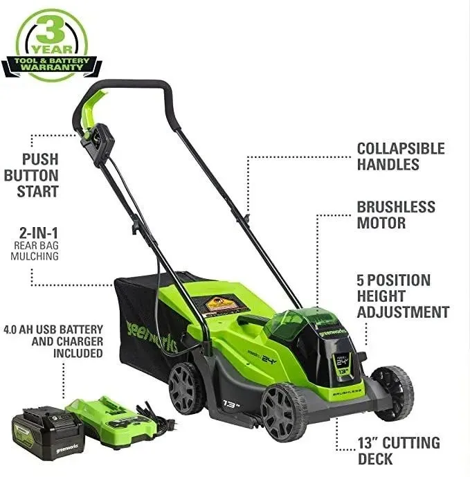 24V 13" Cordless Battery Push Mower 3pc Combo Kit w/ (1) 4.0Ah USB Battery, (1) 2.0Ah Battery & Chargers