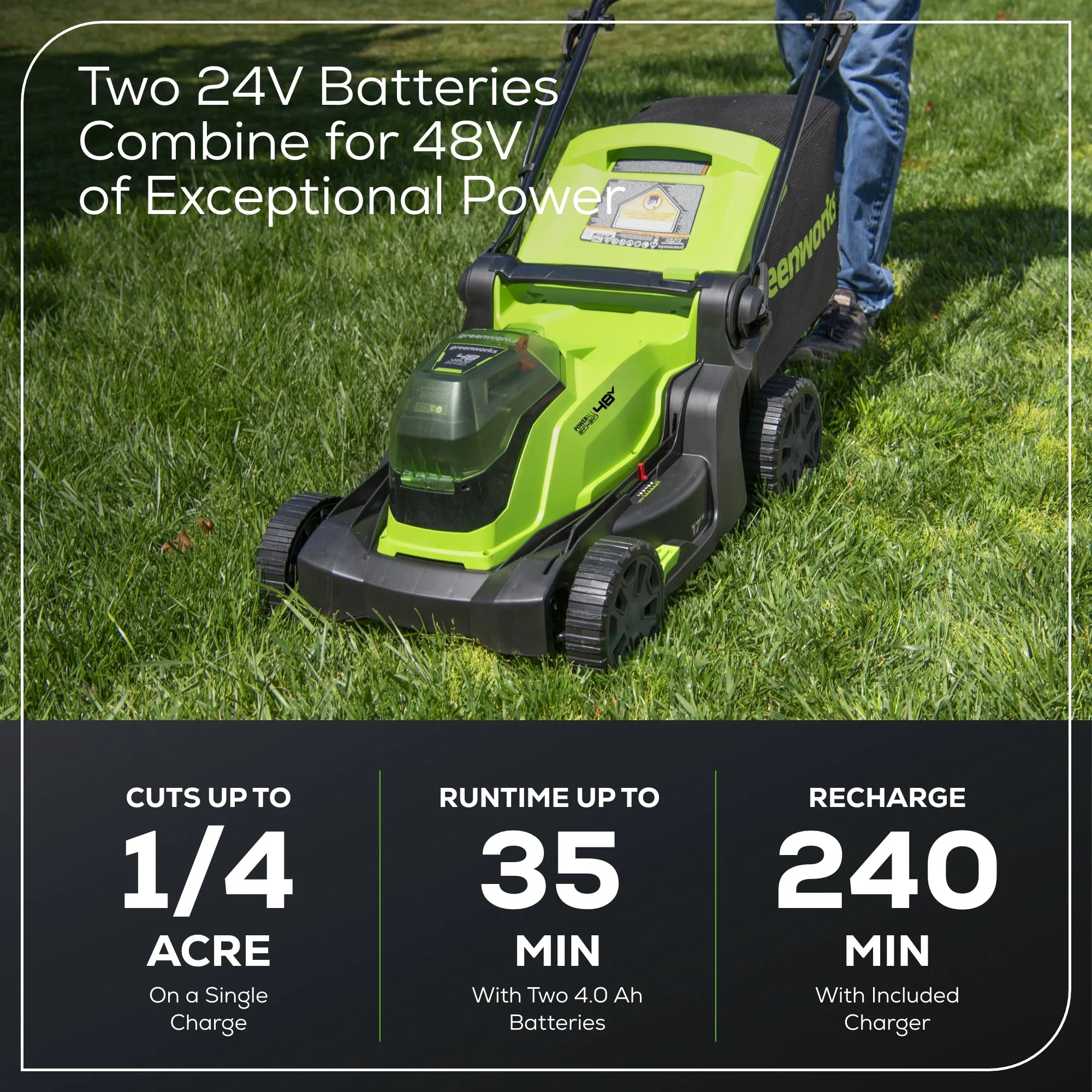 48V (2x24V) 17" Cordless Battery Push Lawn Mower w/ (2) 4.0Ah Batteries & Dual Port Charger