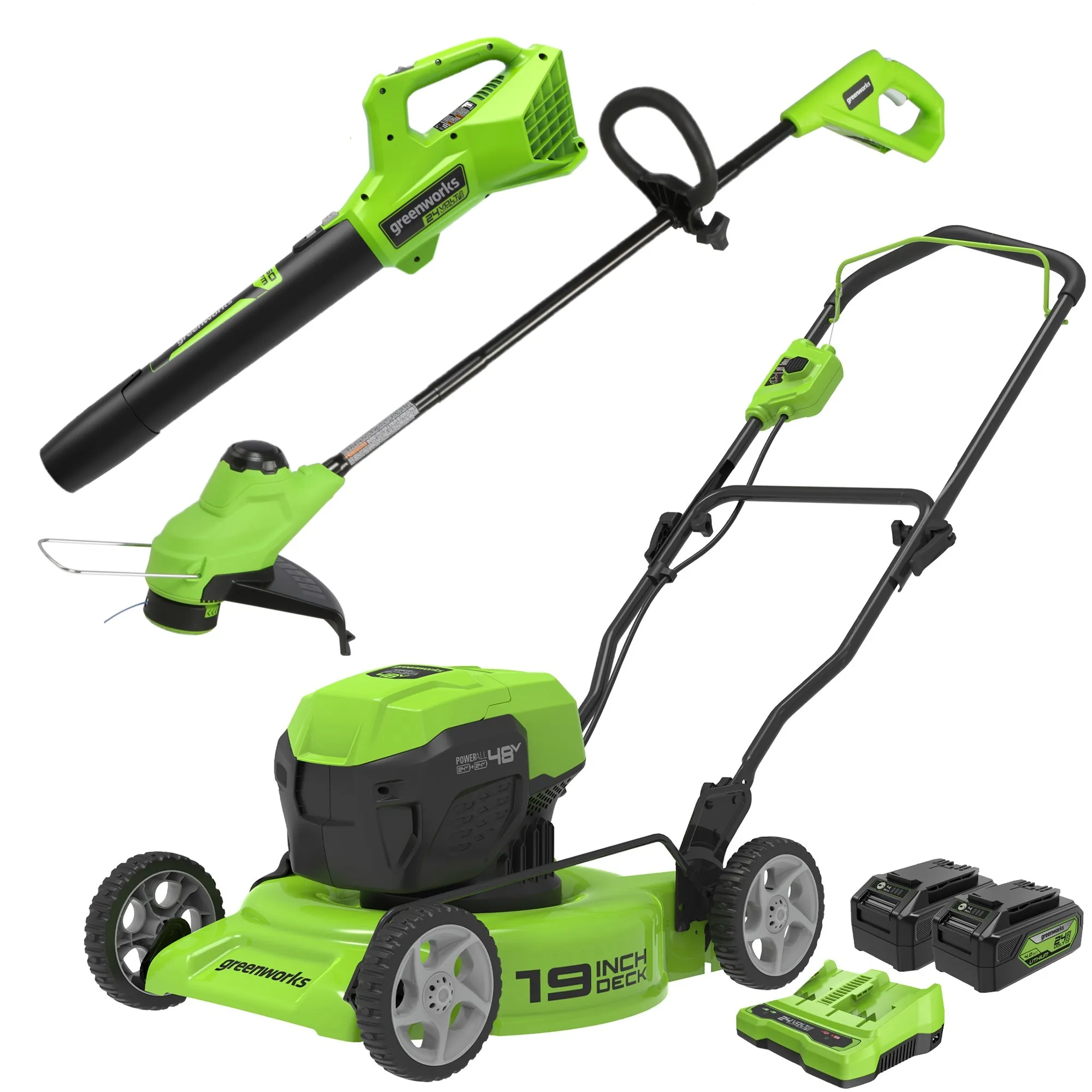 48V (2x24V) 19" Cordless Battery Push Mower, 10" String Trimmer & 320 CFM Blower Combo Kit w/ (2) 4.0Ah USB Batteries & Charger