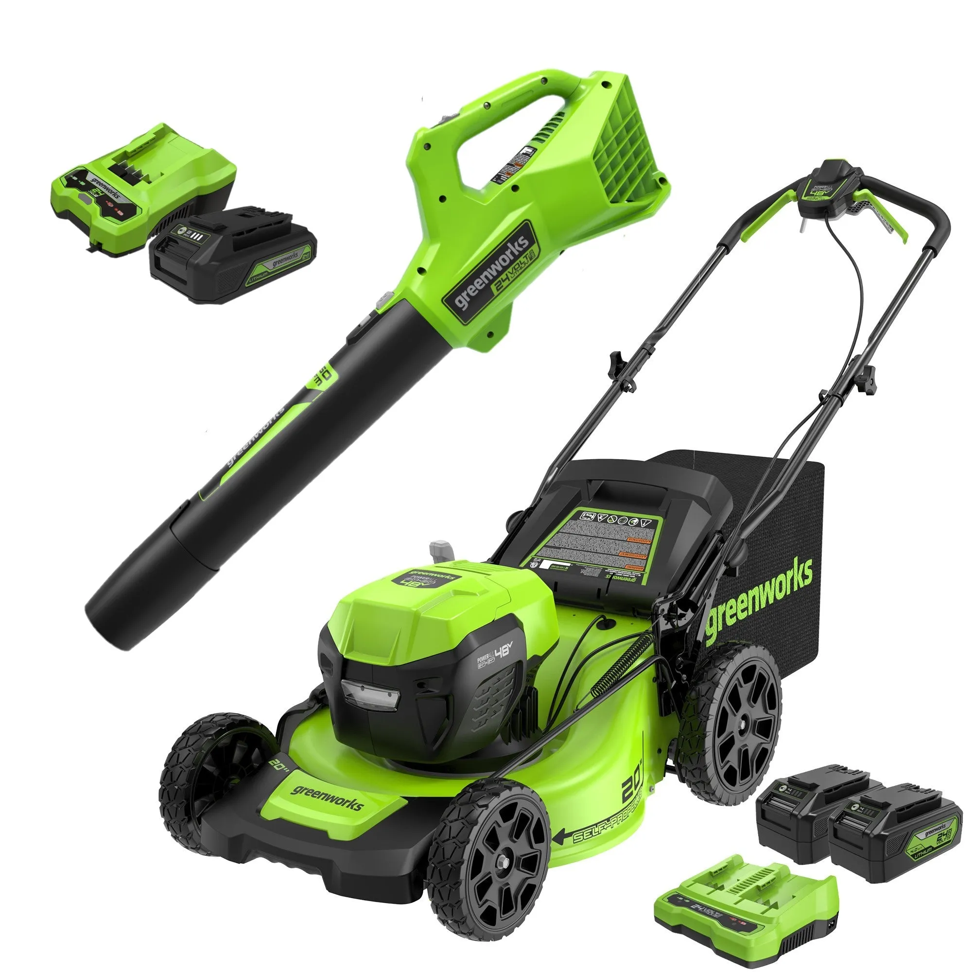 48V (2x24V) 20" Cordless Battery Push Mower & 320 CFM Blower Combo Kit w/ (2) 4.0Ah Batteries, (1) 2.0Ah Battery & Chargers