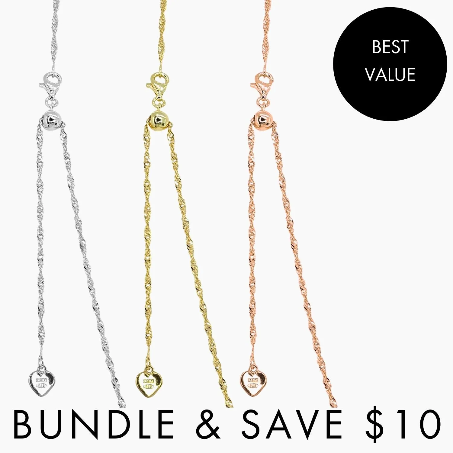 BUNDLE (3): 24" Milano Twist Adjustable Chains in Silver   Gold   Rose