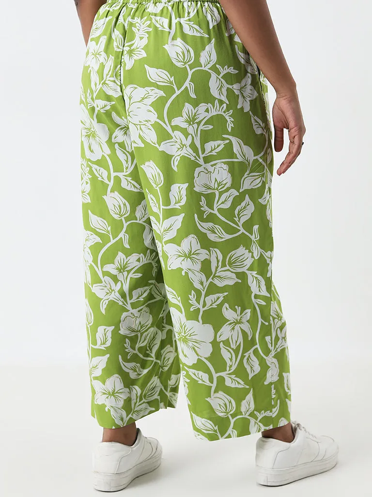 Diza Green Floral Printed Mid-Rise Cotton Ethnic Pants