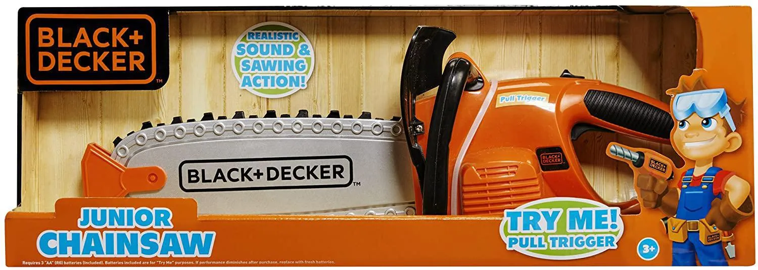 Kids Pretend Play Black & Decker Outdoor Power Tools Assortment Includes Chainsaw, Grass Trimmer, Reciprocating Saw, and Jackhammer