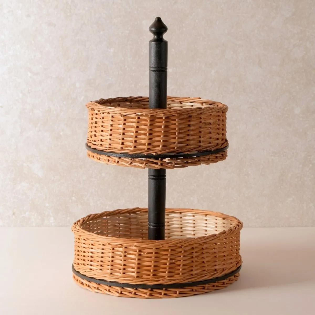 Wooden Fruit Basket With 2 Tiers Handcrafted In Willow Wicker & Wood | Handmade In India