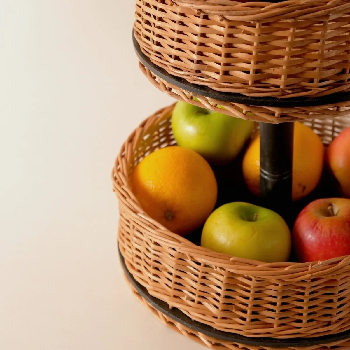 Wooden Fruit Basket With 2 Tiers Handcrafted In Willow Wicker & Wood | Handmade In India