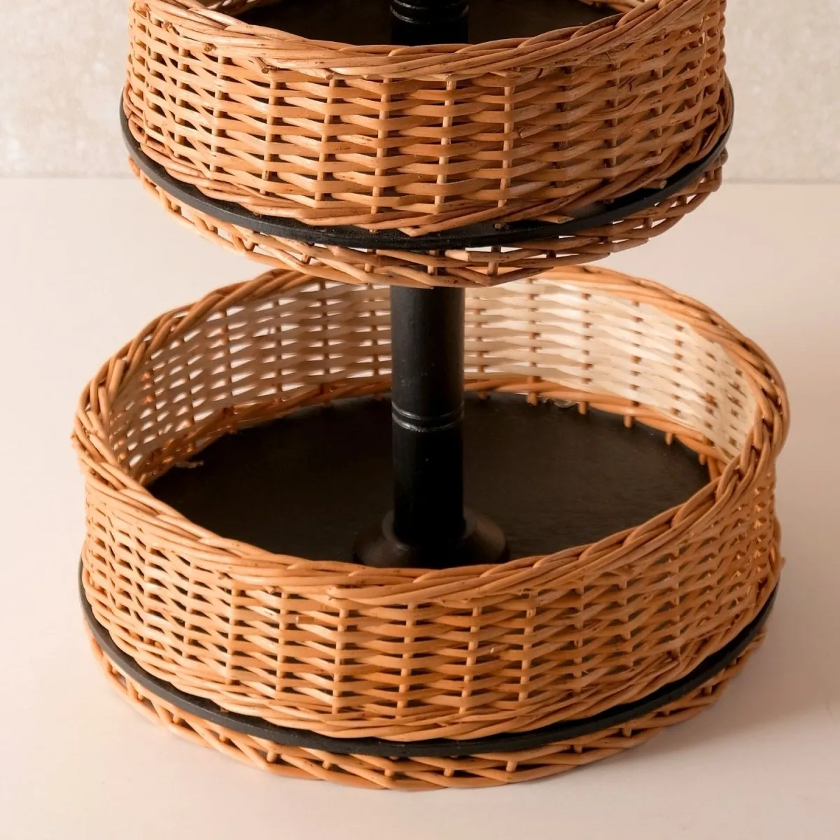 Wooden Fruit Basket With 2 Tiers Handcrafted In Willow Wicker & Wood | Handmade In India