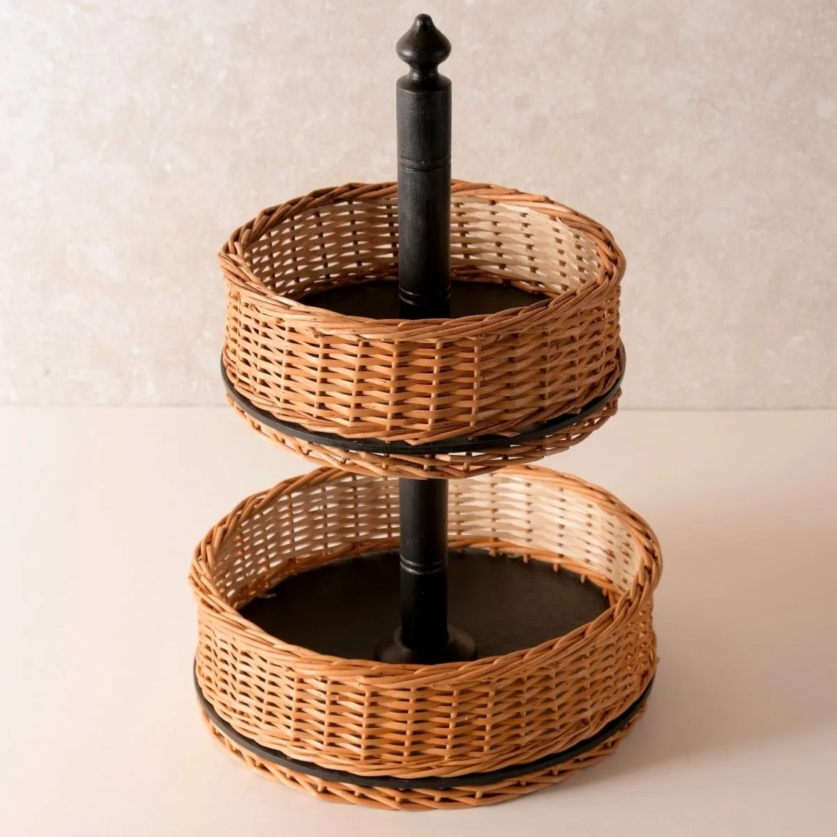 Wooden Fruit Basket With 2 Tiers Handcrafted In Willow Wicker & Wood | Handmade In India