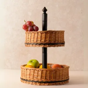 Wooden Fruit Basket With 2 Tiers Handcrafted In Willow Wicker & Wood | Handmade In India